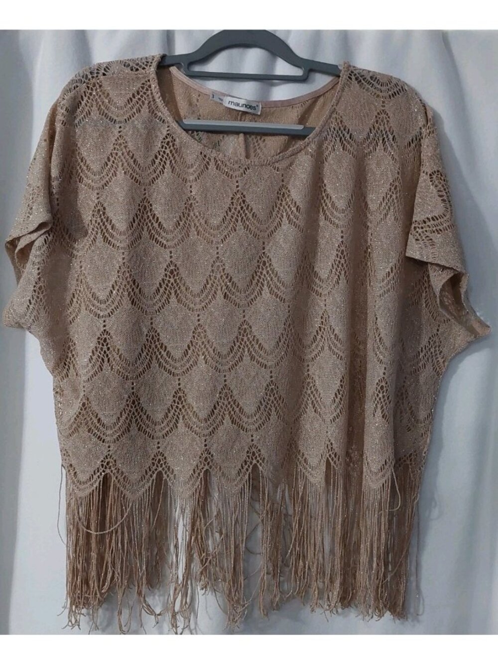 Maurices Shirt Knit Fringe Metallic Short Sleeve Size 3 Taupe Semi Sheer